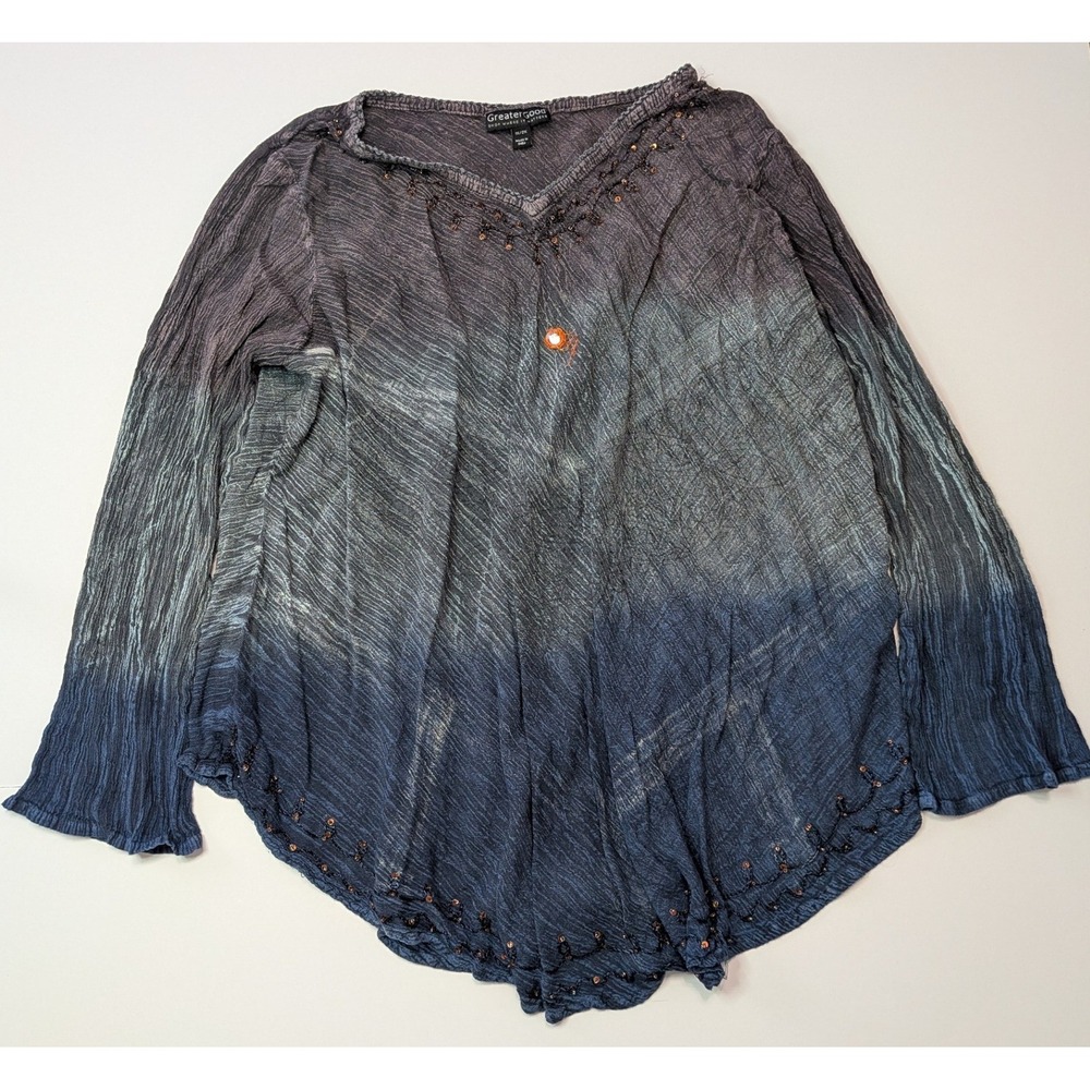 GreaterGood Tunic Women 1X/2X Blue Ombre Good Boho Sequin Crinkle Long Sleeve